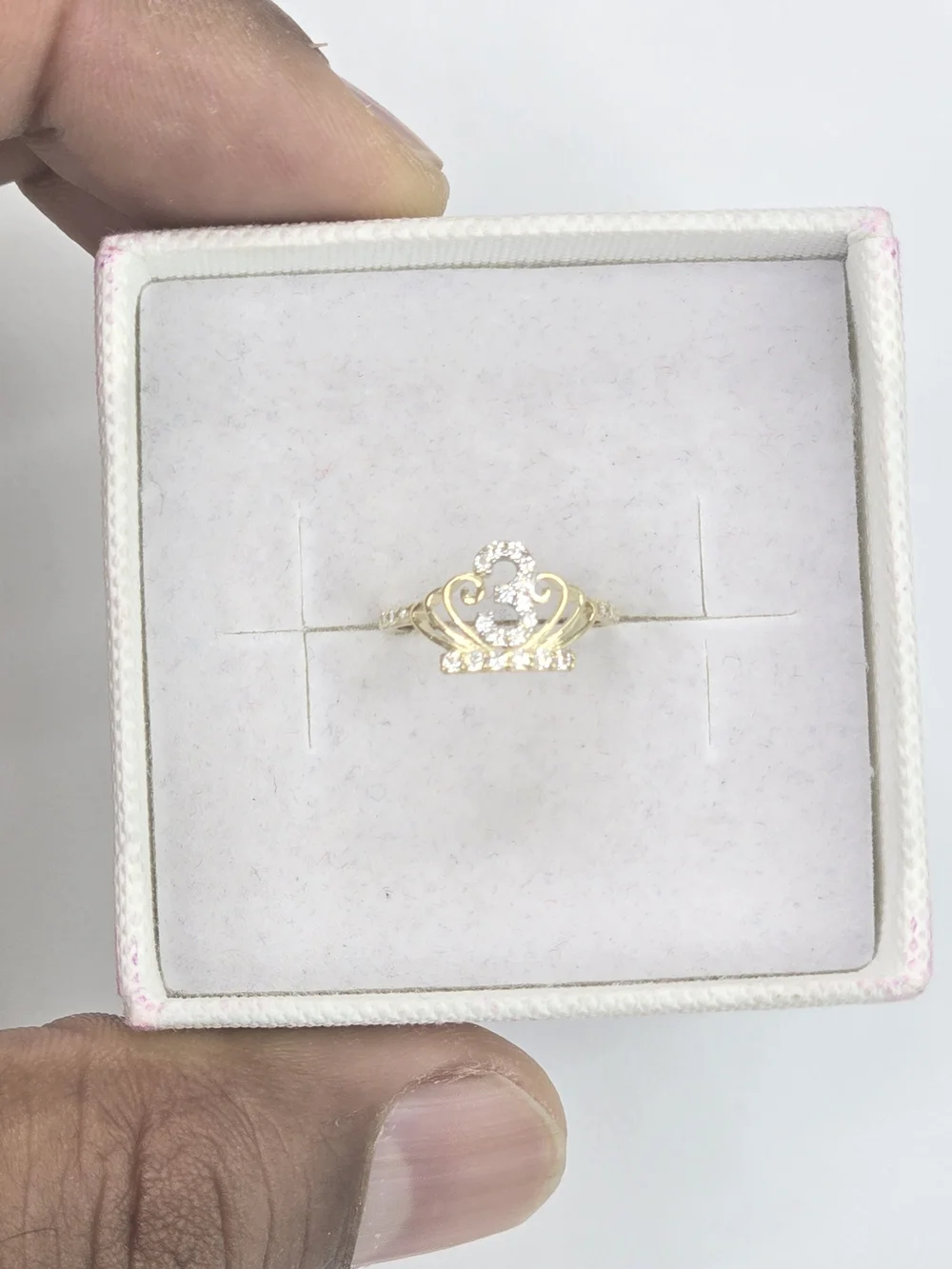 10k Real Gold Crown Number 3 Ring with Clear Stones - Women Jewelry